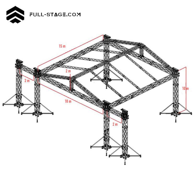 Techo truss de 18 x 15 metros de forma triangular (dos aguas)de Full-Stage, la marca Líder en equipos para la producción de eventos