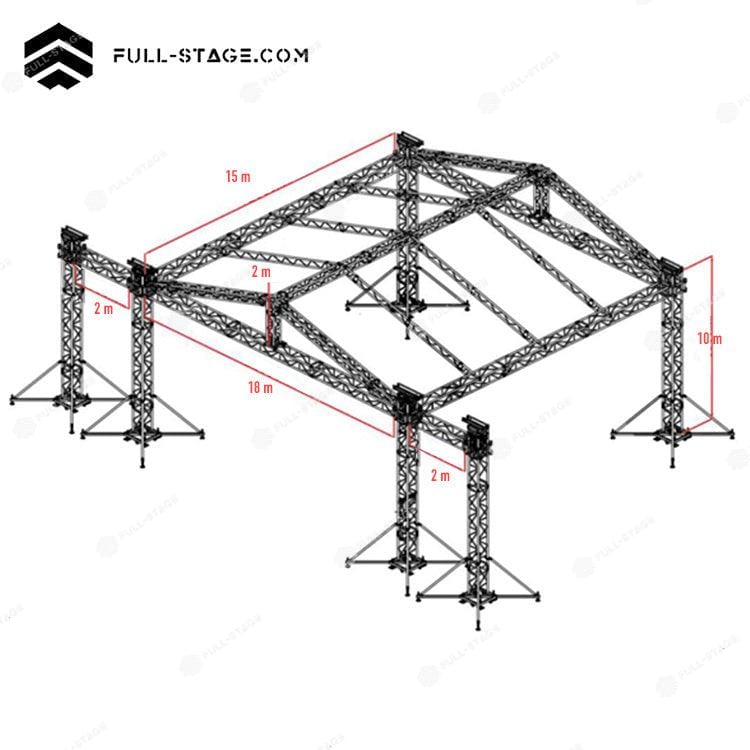 Techo truss de 18 x 15 metros de forma triangular (dos aguas)de Full-Stage, la marca Líder en equipos para la producción de eventos